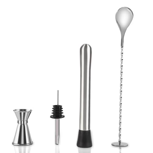 Kit da Barman 4 Pezzi, Misurino Doppio per Cocktail in Acciaio Inox con Tappo Versatore, Manico a Spirale Ergonomico Cucchiaio da Bar e Pestello, Set di strumenti per miscelare bevande
