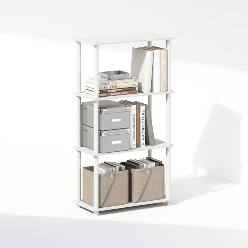 Image of Furinno Turn-N-Tube Book Shelf, 4-Tier Bookshelf, Bookcase with Multipurpose Compact Display Rack, 11.6 x 23.6 x 43.2, for Living Room, Bedroom, Home Office, White /White