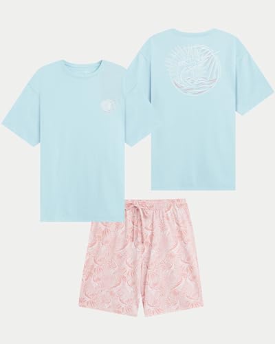 CARIBBEAN JOE Men's Sleep Set, Marlin Logo Shorts and Coral Crew Neck T-Shirt Pajamas, Lightweight Novelty Pjs2