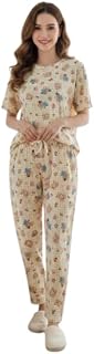 Women Korean Style Night Suit | Round Neck Short Sleeve Cute Printed Cotton Pajama Set for Girls & Women | Soft Nightwear,... Price In India