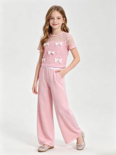 Image of Girls Clothes 2 Piece Short Sleeve Lace Bow Print Tops Flared Pants Set Little Girl Outfits Size 7-14