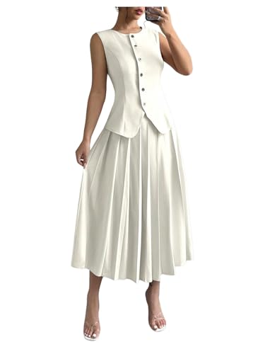 Milumia Women's 2 Piece Outfit Dressy Button Down Sleeveless Blazer Vest and Pleated Long Skirt Set Casual Suit