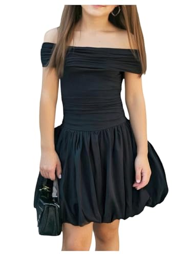 GORGLITTER Girl's Dresses Cute Off The Shoulder Bubble Dress Ruched Sleeveless Party Birthday Mini Dresses