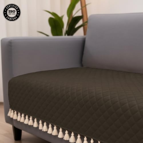 Image of HOMEMONDE 1 Seater Quilted Velvet Sofa Cover with Tassels |Soft, Durable & Premium Fabric with Tassels | Sofa Cover Mats for Living Room, Bedroom & Drawing Room (76 X 61 CM, Brown)