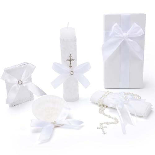 Baptism Candle Set for Boys and Girls White 5 PCS Baptism Kit Catholic Candle Baptismal Towel Shell Rosary Bible for Baptismal Christening First Communion Gift Velas para Bautizo De Nio o Nia