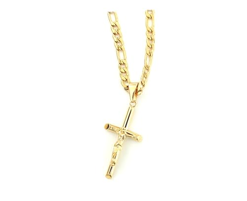 18K Gold Crucifix Cross Chain Style Small Cross Pendant Necklace 5MM Cross Necklace Clasp for Men, Women, Husband, Wife Thin for Charms Cuban Link Diamond Cut Religious Gift