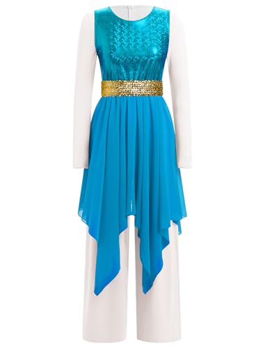 AFAVOM Praise Dance Dresses for Women Metallic Sequin Asymmetric Ruffle Chiffon Overlay Dress + Wide Leg Dance Pants Jumpsuit + Belt 3PCS Full Length Worship Liturgical Dancewear Costume Blue L