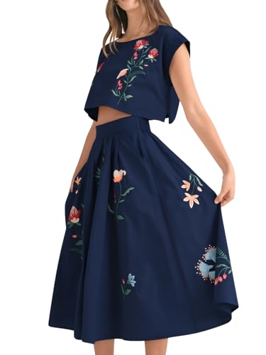 Image of Women Floral Embroidery Dress Sleeveless 2 Piece Tank Top and Skirt Loose Fit Boho Dress