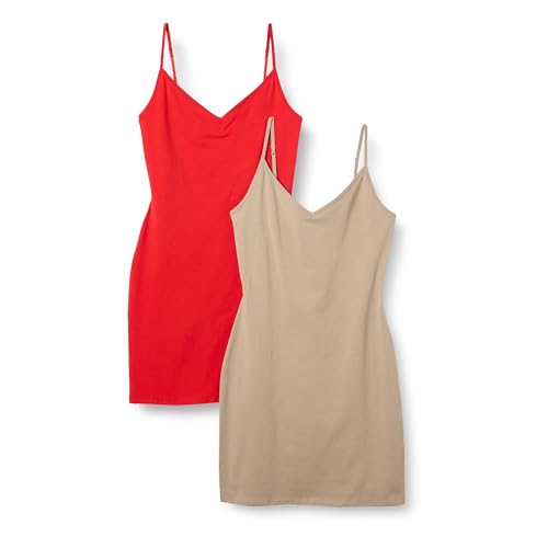 Image of Amazon Essentials Women's V Neck Slim Fit Cotton Layering Slip Dress with Adjustable Elastic Cami Straps