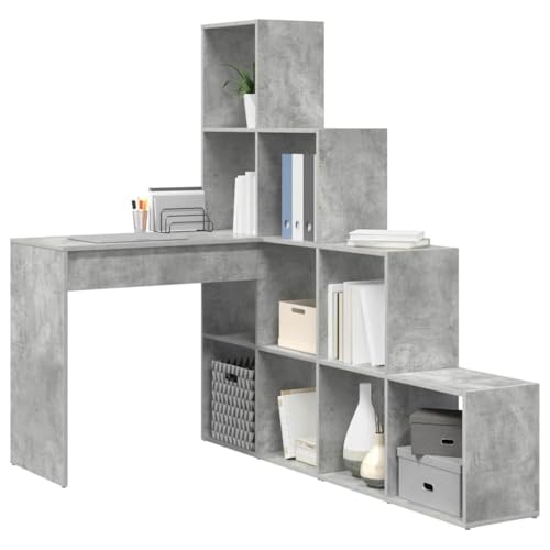 vidaXL Bureau d'angle avec étagère Gris béton 101,5 x 149,5 x 149,5 cm, Bureau d'angle Moderne, Table compacte pour ordi, Espace de Travail, écriture et...