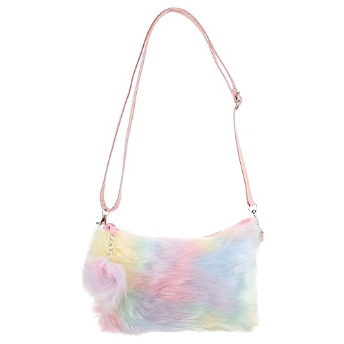 Kichvoe Fluffy Fuzzy Bag Plush Rainbow Crossbody Purse Wallet Girls Shoulder Handbag With Pompom For Travel Party