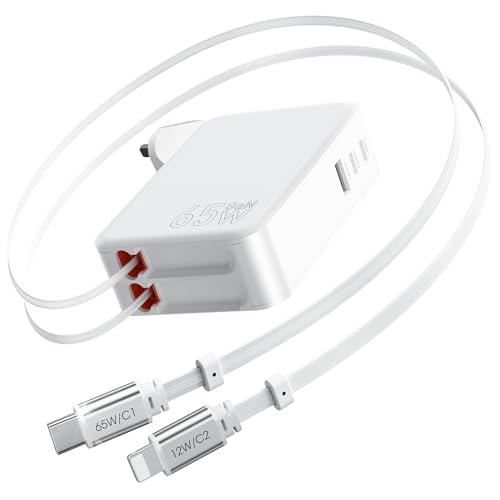 Aimtel 5 in1 Retractable Phone Charger 65W USB C Charger Retractable Cable & 3 Port PD Power Adapter with GaN Fast Wall Charger Plug UK for MacBook Laptops iPhone 17-8 Galaxy S Series iPad Pixel