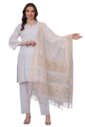 LONIX Women's White Chikankari Kurta Set – Hand Embroidered Cotton Kurti Pant & Dupatta – Traditional Indian Tunic Dress
