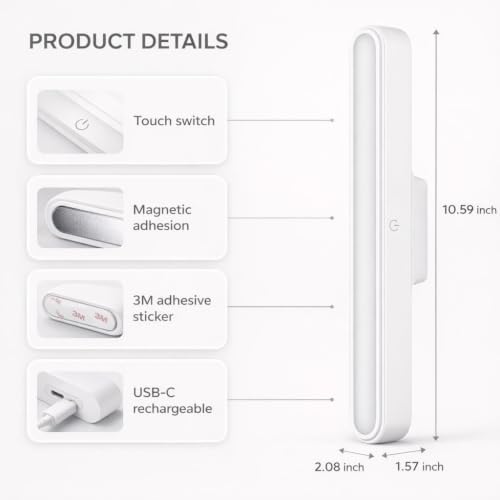 Image of Rechargeable LED Light Bar with Magnetic Mount, Touch Control, Dimmable Brightness and Adjustable Light Modes, USB Charging Lamp for Cabinet, Makeup, Car, Bedroom and Reading, 30 cm