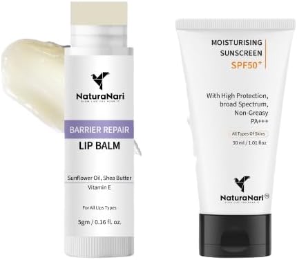 Moisturising Sunscreen SPF 50+ Broad Spectrum PA+++ with Barrier Repair Lip Balm, Vitamin E, Ceramide, Shea Butter, Non-Greasy, No White Cast, 30g & 5g