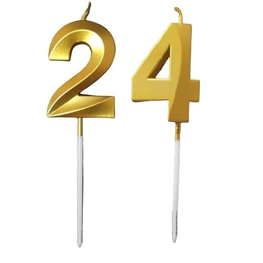 Image of ToyUniverse Number 24 Metallic Gold Candle for Twenty Fourth Birthday, Anniversary, Surprise Party Cake Decoration (Pack of 2)