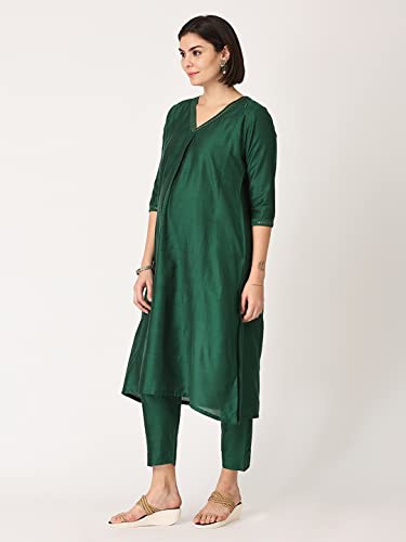 Image of The Mom Store Maternity Nursing and Feeding Kurta Set | Nursing Zippers | Pre and Post Pregnancy | Raw Silk | Kurta Pant Set | Solid |