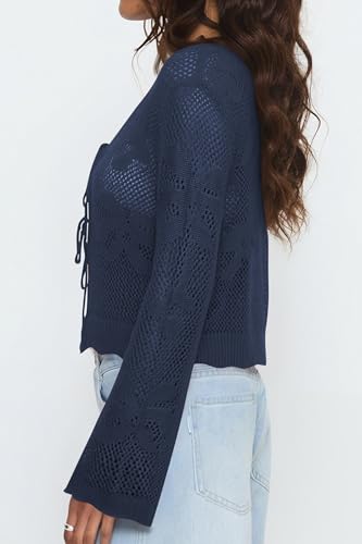 Image of Balimtoy Women Tie Front Cardigan Crochet Sweater Crop Tops Cute Bell Long Sleeve Knit Shrug Beach Vacation Cover Up
