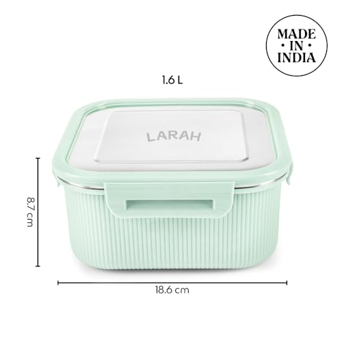 Image of Larah by BOROSIL Freshbyte Food Storage Container with Airtight Stainless Steel Lid | Fridge Container for Lunchbox | Food Grade | Microwave Safe (Green, 1600 ml, Square)