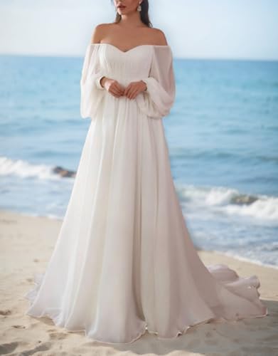 Long Sleeve Wedding Dresses for Bride A-Line Off Shoulder Train Chiffon Bridal Gowns4