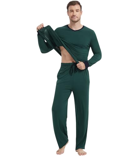 Image of NACHILA Pajamas for Men-Viscose Made from Bamboo, Long Sleeve Pajamas Set Comfy Sleepwear Pants Soft V Neck Pjs with Pockets