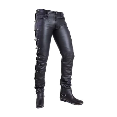 Men's Black Stylish Side Buckle Leather Biker Pant4
