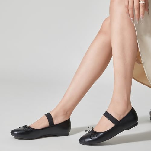 Image of Trary Flats for Women Closed Round Toe Ballet Flats Mary Jane Shoes Women with Elastic Strap Cute Bowknot Comfortable Dress Shoes for All-Year Daily Work Casual Wear
