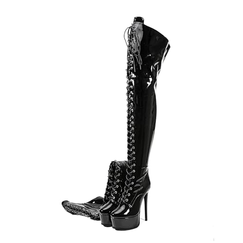 Image of Shiny leather Thigh high boots for Women Stiletto heel Platform Over the knee Round toe back zipper Sexy Front Strappy high heel Cosplay Custume unisex boots
