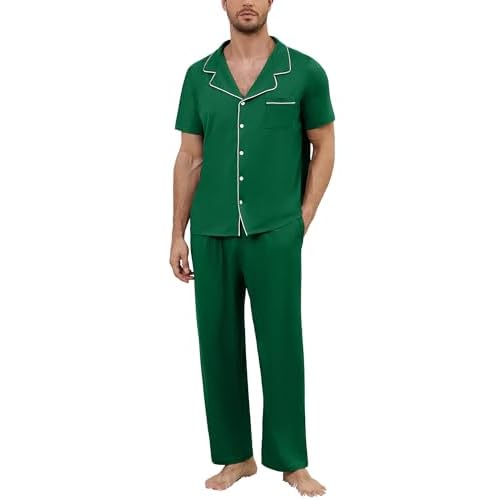 Marvmys Men's Short Sleeve Pajama Set Classic Button Down Pajamas Long Pants Sleepwear with Pockets S-XXL Small Green