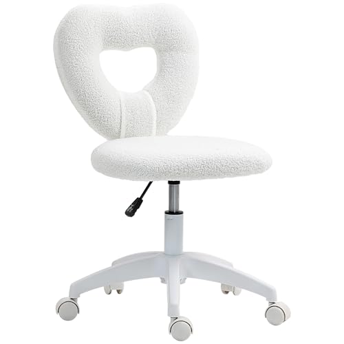 HOMCOM Chaise de Bureau Rembourrée avec Dossier en Cœur et Roulettes, Meubles de Bureau, Chaise Pivotante en Velours Teddy, Fauteuil Moderne pour Bureau,...