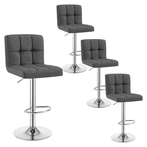 WOLTU Tabourets Bar Lot de 4 Pied Noir/Blanc en Métal Siège en Lin rembourrée Ajustables en Hauteur avec Dossier, Gris Foncé, BH32dgr-4