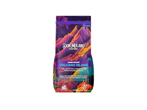 Don Molano Coffee Volcano Island, Dark Roast 16oz - Premium Colombian Coffee Halal Certified - Rich, bold and full bodied with a deep velvety smoothness and smokey sweetness, with notes of Toasted Almonds, Citrus, Dark Chocolate and Berries.