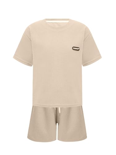 winying Kinder Sommer Bekleidungsset Jungen T Shirt +Kurze Hosen Zweiteiliger Casual Sportanzug Gym Fitness Outfits Beige 134-140