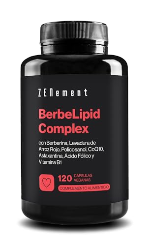 BerbeLipid Complex, con Berberina, Levadura de Arroz Rojo, Policosanol, CoQ10, Astaxantina, Ácido Fólico y Vitamina B1, 120 Cápsulas Veganas | | Vegano, No-GMO | Zenement