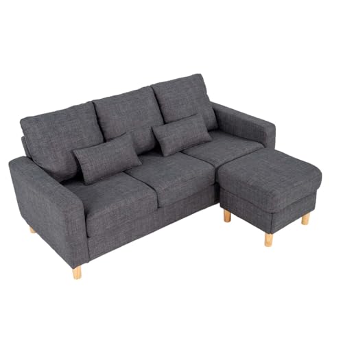 Hroth 3 Seater Sofas, Fabric Sectional Sofa with Storage Ottoman and 2 Pillows, Thick Cushions, High Weight Capacity, L Shape Recliner Settee for Living Room, Bedroom, Office, Dark Grey