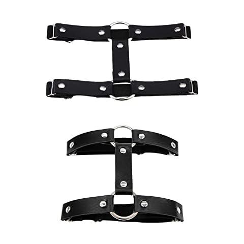2Pcs Adjustable Elastic 2 Rows Leather Leg Harness Double Row Garters Punk Leather Thigh Ring Garter Belt for Women Ladies Girls Black Cover