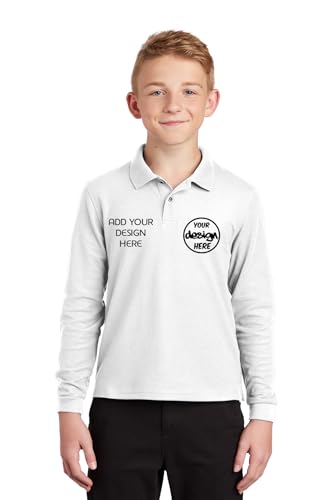 INK STITCH Unisex Kids Youth Y500ls Custom Embroidery Logo Texts Silk Touch Long Sleeve Polo Shirts - White (M)