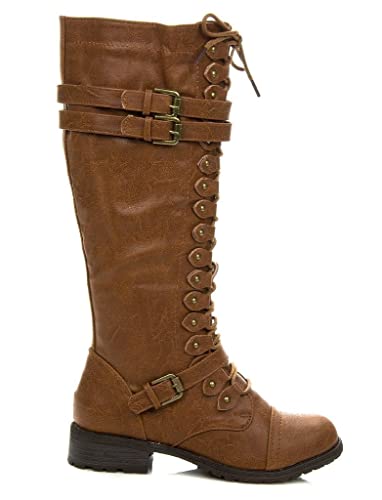 Wild Diva Timberly Women's Fashion Lace Up Buckle Knee High Combat Boots4