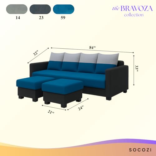 Image of SOCOZI Konva 6 Seater L Shape Sofa Set with 2 Movable Ottomans | Flexible Layout | Soft Velvet Suede Fabric | Modern Design | Plush Comfort Cushions for Living Room (Light Grey-Teal Blue-Dark Grey)