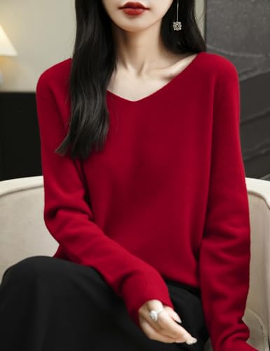 Women's 100% Merino Wool V Neck Sweater 2025 First-Line Ready to Wear Casual Long Sleeve Seamless Knit Sweater4