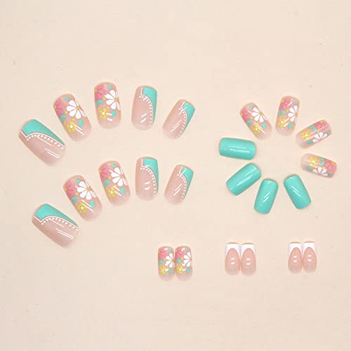 French Tip Press On Nails Medium Square Fake Nails Colorful Daisy False Nails Green White Nail Tip Flower Acrylic Nails Full Cover Cute Artificial Nails For Women Girls Spring Summer Nail Decorations #TOP1
