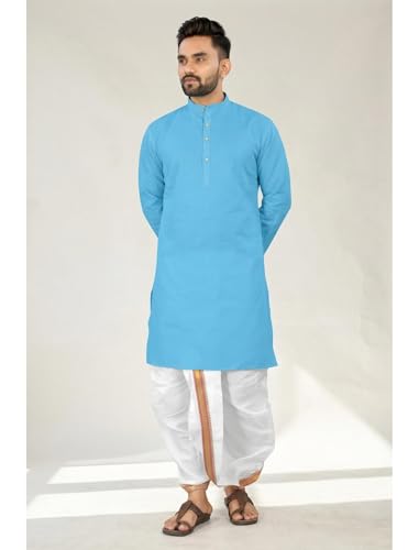 Image of UNIQUE MOMENTS Men's Cotton Dhoti Kurta Set with Full Sleeves Solid Pattern Modern Style and Mandarin Collar Neck | Perfect for Puja & Celebrations