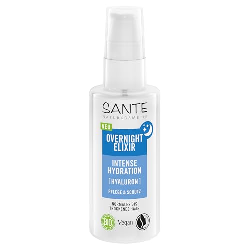 SANTE Naturkosmetik Overnight Elixir Intense Hydration – 75 ml – À l'acide hyaluronique et à l'aloe vera bio – Hydratant – Soin sans rinçage pour cheveux secs – Végétalien et bio
