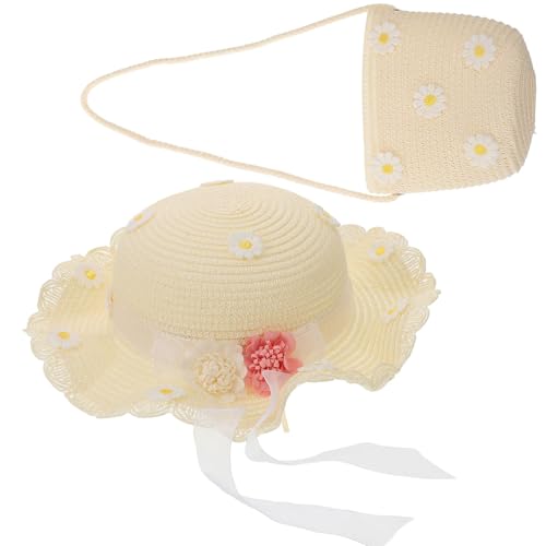 Homoyoyo 2pcs Boys and Girls Sun Hat Bag Set Girls Straw Beach Hat Daisy Pattern Comfortable White