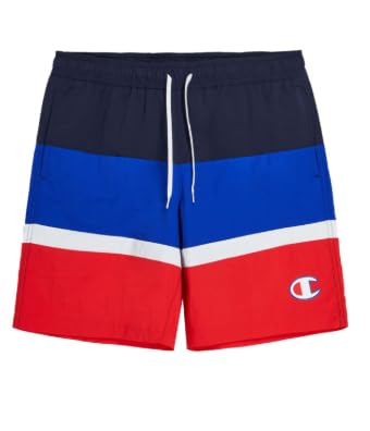 Champion Herren Legacy Retro Sport Beachshorts-Crinkle Taslon Color Block Bermuda Badehose, Gelb/Marineblau/Weiß, Medium