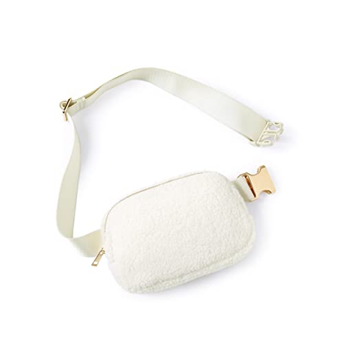 ODODOS Fleece Mini Belt Bag with Adjustable Strap, Sherpa Small Waist Pouch Fanny Pack for Workout Running Travelling Hiking, Ivory
