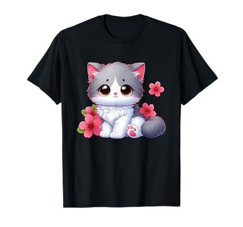 Chat mignon avec fleurs de cerisier dessin animé dessin animé T-Shirt