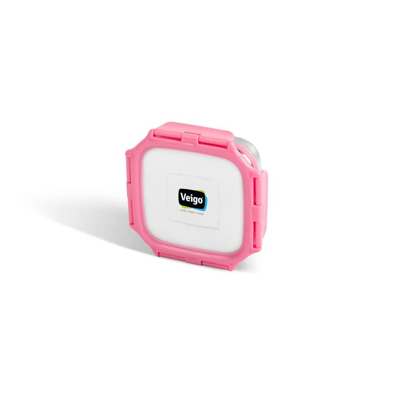 Veigo Original Stainless Steel Medium Snack Box (330 ml)| Airtight & Leakproof| Freezer & Dishwasher Safe| Snacks Box for School|Silicone Ring & Polymer Frame| Safe Lid Lock| Pink