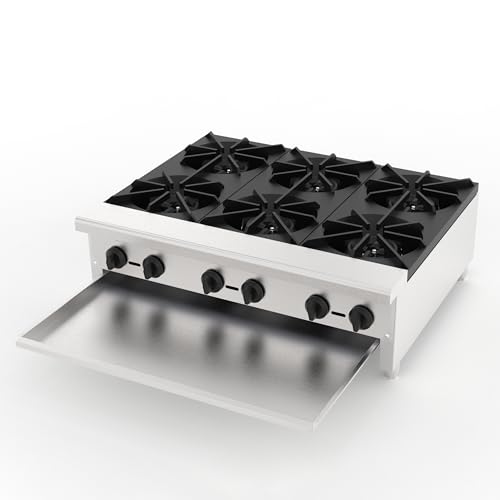 Image of Commercial Gas Stove with 6 Burners, Freestanding Propane and Countertop Natural Gas Range Stove, Stainless Steel Hot Plate, Commercial Cooking Equipment for Restaurant Kitchen, 168,000 BTU