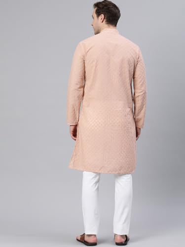 Image of Majestic Man Men's Cotton Blend Regular Fit Casual Polyester Mandarin Collar Ethnic Motifs Embroidered Long Regular Kurta